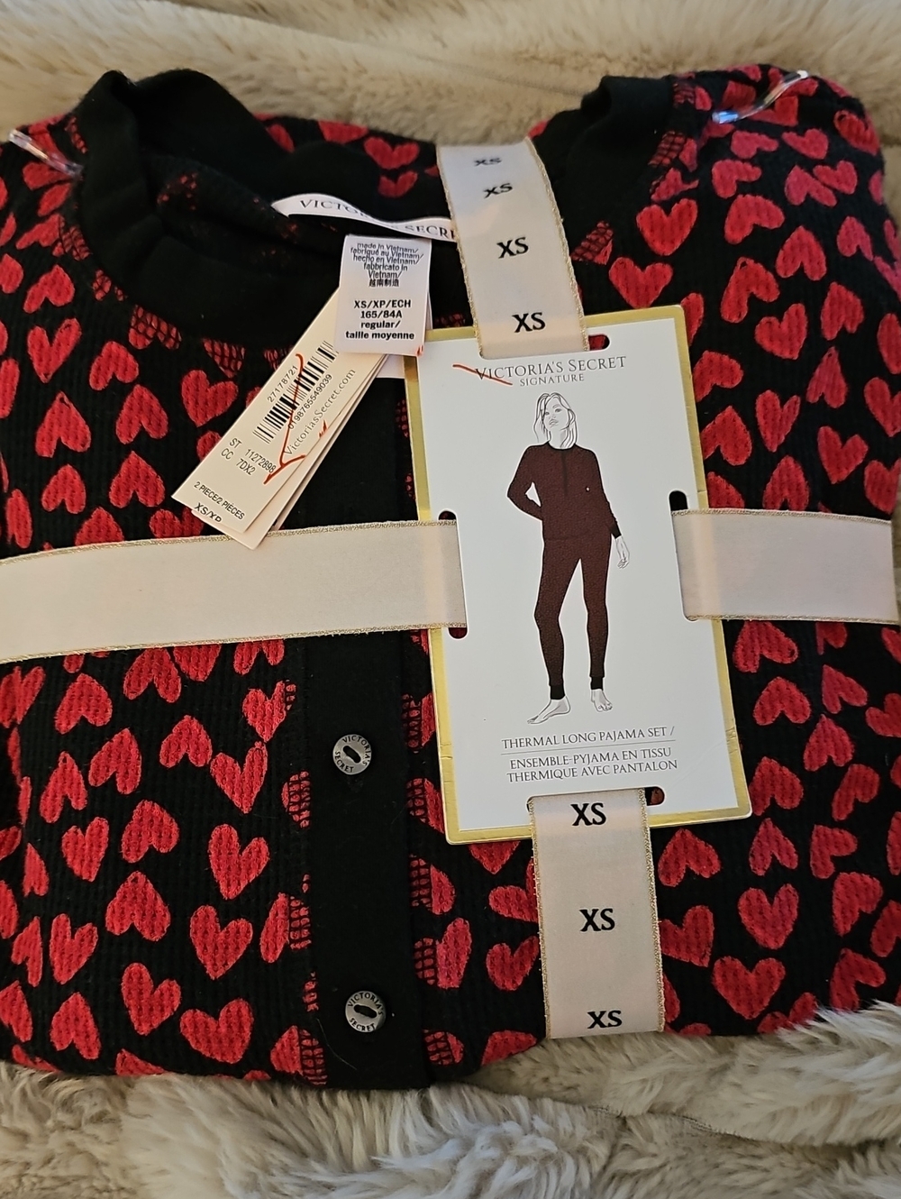 Victoria's Secret Black Thermal Pajama Set with Red Heart Print